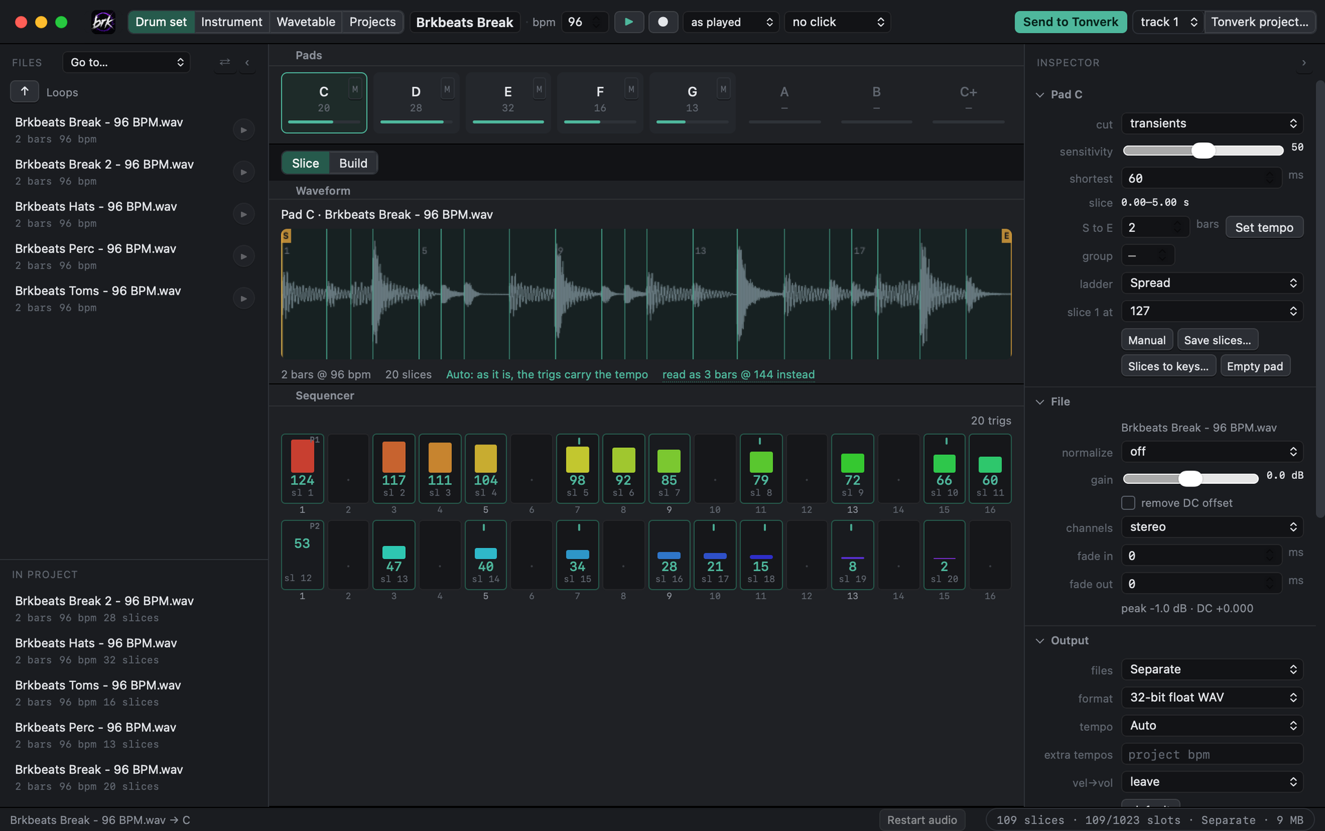 Overlook's Drum set screen: a break sliced at its hits on pad C, five pads loaded, and the slices sequenced as trigs over two bars