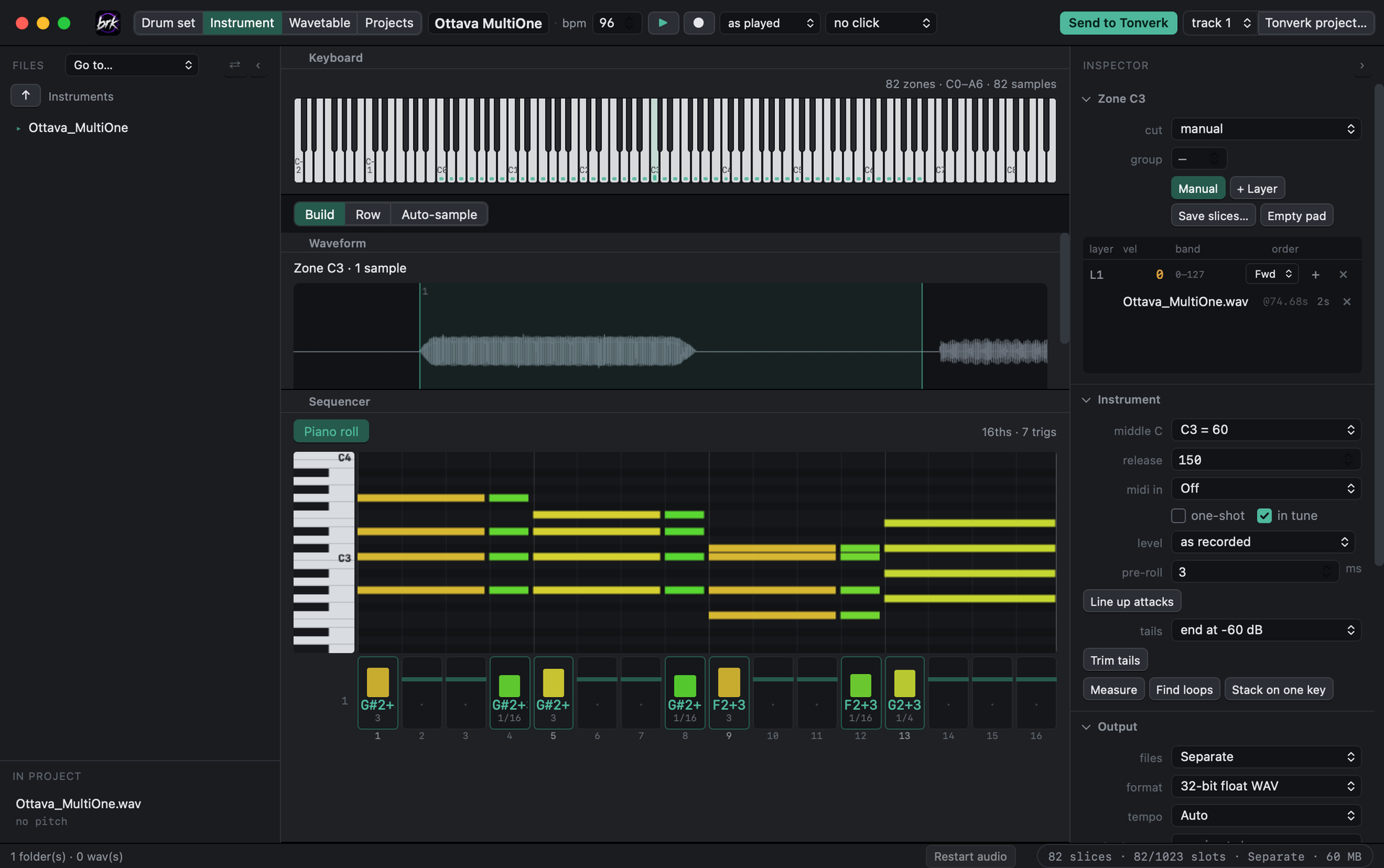 Overlook's Instrument screen: Ottava_MultiOne across the keys, a bar of chords in the piano roll and as trigs