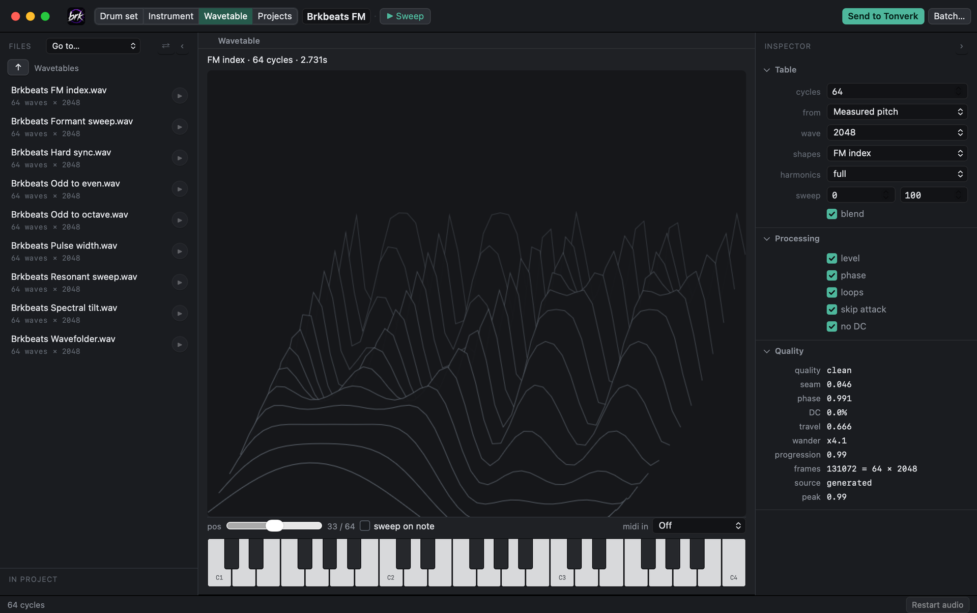 Overlook's Wavetable screen: a 64-wave FM table drawn in 3D, measuring clean